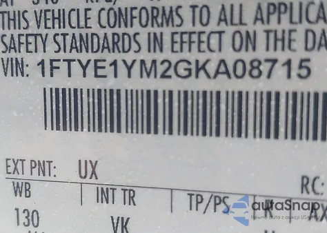 2016 Ford Transit z USA, uszkodzony, nr VIN 1FTYE1YM2GKA08715